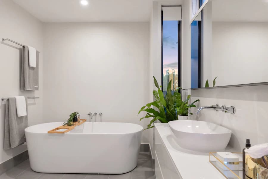 Spa-style bathroom with a freestanding soaking tub and a vessel sink.